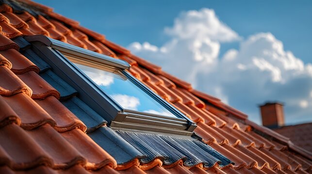 Detailed close-up of a modern skylight installed on a roof of dark grey and terracotta tiles, reflecting a beautiful blue sky with clouds.