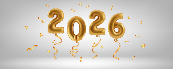 Happy New Year greeting card vector background. 2026 gold balloon numbers with confetti and ribbons. Festive sparkle holiday postcard, invitation banner