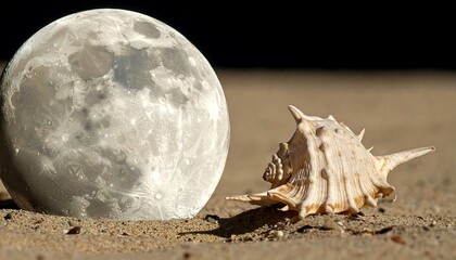 A large, textured full moon glows beside an intricate seashell on sand, a contrast of celestial and terrestrial elements. The setting is dark