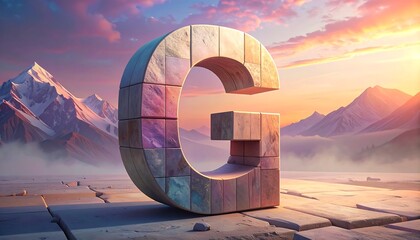 A large, textured "G" stands on a cracked, weathered surface against a backdrop of snow-capped mountains and a colorful sunset