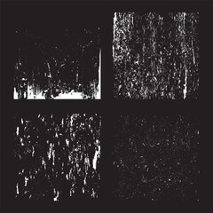 Set of grunge texture overlays. Damaged, scratched, rough, grainy effects. Brush strokes, paint splatters, and ink drip textures. Vector illustration