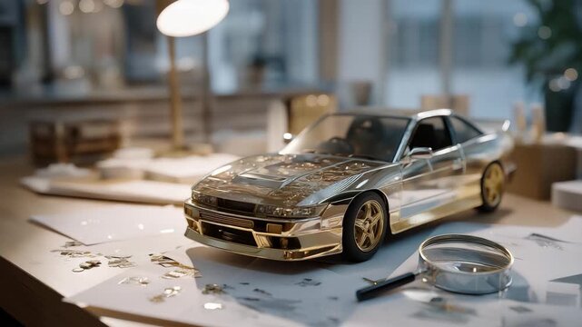 A hobbyist builds a model car in a garage, with glue drying, tiny parts scattered, a magnifying glass focused, and a radio playing softly, depicted in a meticulous photo with part details, glue