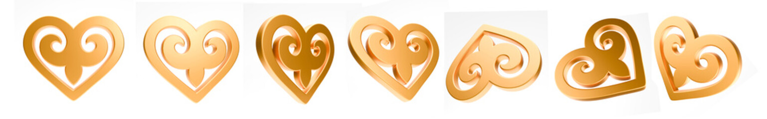 Set of 3d hearts rotation. Realistic illustration of shiny golden hearts with kazakh ornament isolated on white background. Symbol of love, romantic and Wedding. Object spin animation