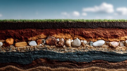 Detailed cross-section of earth layers shows vibrant green grass above rich topsoil, subsoil with pebbles, and deep, dense bedrock below.