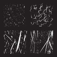 Set of grunge texture overlays. Damaged, scratched, rough, grainy effects. Brush strokes, paint splatters, and ink drip textures. Vector illustration