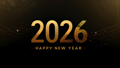 Golden Year 2026 Happy New Year Text Overlay with Bokeh and Light Streaks