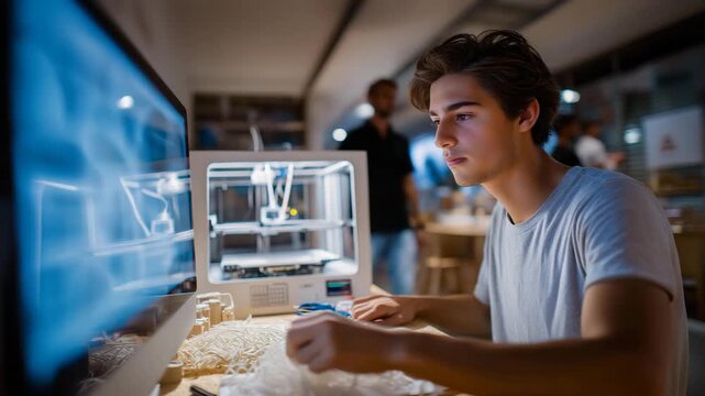 A student uses a 3D printer in a library&rsquo;s maker space, with filament spinning, a model forming, a computer showing designs, and tools scattered nearby, shown in a high-tech photo with filament