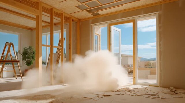 A team installs drywall in a half-built house, with sheets lifted, screws drilling, dust swirling, and a ladder wobbling slightly, depicted in a practical photo with drywall edges, dust clouds, and