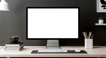 Minimalist Workspace with Desktop Monitor, Books, and Coffee Mug for Modern Productivity and Home Office Visual
