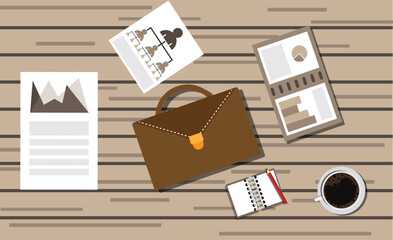 Business Leather Case with Documents Top View Wooden Table. Documentation and white collar work vector art, company leadership CEO objects
