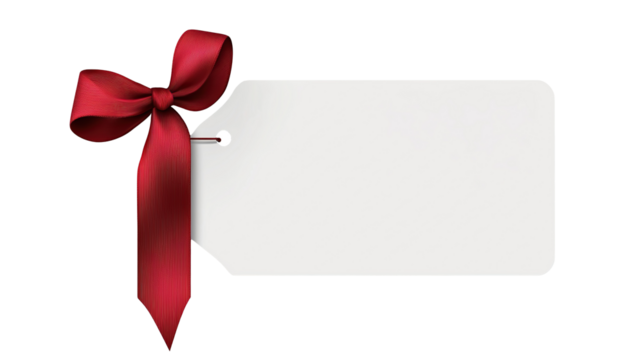 Blank gift tag with red ribbon for gift or celebration on transparent background