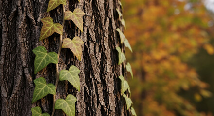 Ivy Embrace: Capturing the delicate dance of ivy as it gracefully climbs a rugged tree trunk, its leaves a mosaic of greens and golds against the textured bark, with a vibrant autumnal backdrop.