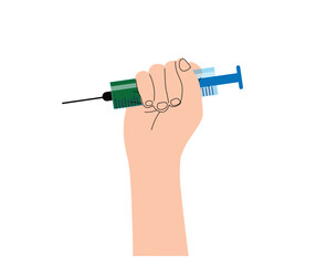 Hand Holding a Syringe Flat Style Isolated on White. Medicine and health care vector art