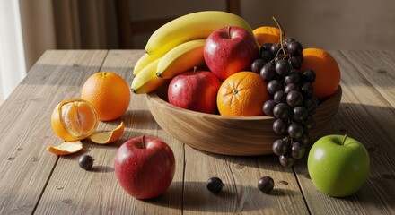 A wooden bowl filled with fresh fruit on a wooden table in natural light