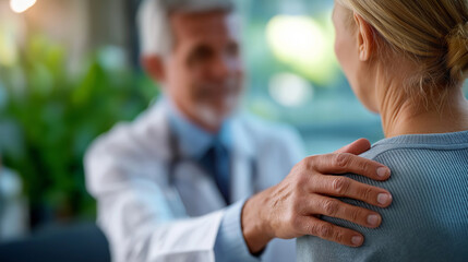 Compassionate doctor touching patient’s shoulder reassuring gesture in focus faces softly defocused empathy in healthcare faceless background defocused bedside manner support