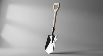 Shiny, new shovel standing upright against a gradient background.
A clean, studio-quality photograph of a brand new, highly reflective garden shovel standing vertically against a smooth gray gradient
