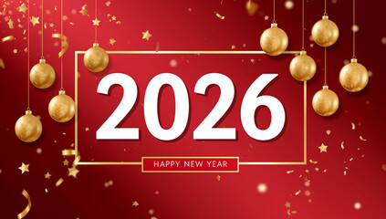 Happy New Year 2026 Celebration with Golden Ornaments and Confetti on Red Background