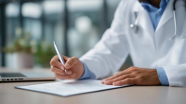 Doctor writing prescriptions and treatment recommendations on medical chart with reference to digital data screens, symbolizing integration of traditional record-keeping with modern healthcare