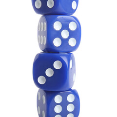 Stack of blue game dices on white background