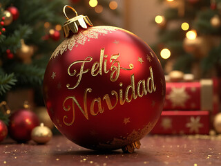 "Feliz Navidad" Gold Script on a Shiny Red Christmas Ornament with Holiday Bokeh Lights