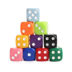 Stack of colorful game dices on white background