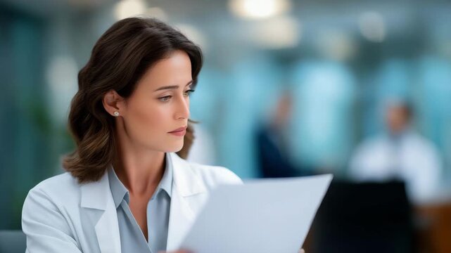 Hospital office scene where patient reacts with visible concern while reading examination results, physician calmly explaining details, symbolizing professional care, empathy, and emotional