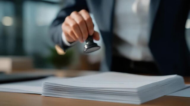 Hands pressing an official seal onto a stack of documents after a thorough review, highlighting audit confirmation, authoritative verification of accuracy, compliance approval, and the weight of