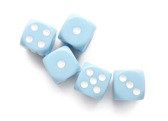 Many blue game dices on white background