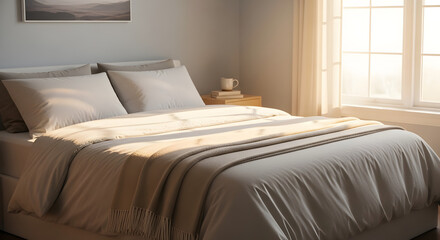 Sunlight streams through sheer curtains illuminating a cozy neatly made bed with plush pillows and a textured throw