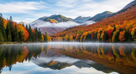 Obraz premium Serene Autumn Reflection: A breathtaking view of a tranquil lake mirrors the vibrant autumn colors of the surrounding trees and majestic mountains.