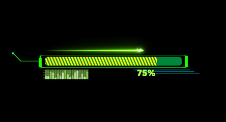 Progress bar animation with laser shoot on callout and loading bar inside green yellow fill tone with numeric and 75 percent text and bar graph motion on the black screen