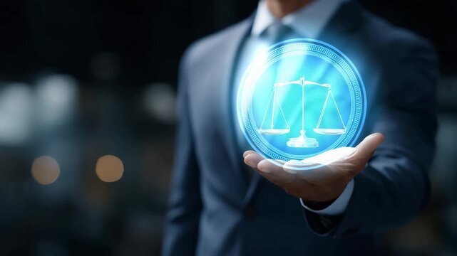 A judge employs an AI-based jurisprudence engine that visualizes case outcomes holographically, reflecting advanced analytics, fairness, and the evolution of digital law.
