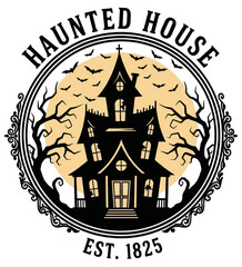 Vintage haunted house logo for Halloween designs with spooky bats flying under the moonlight, classic horror, and creepy haunted mansion illustration