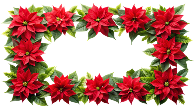 Elegant red poinsettia flower frame with green leaves festive holiday decoration botanical beauty