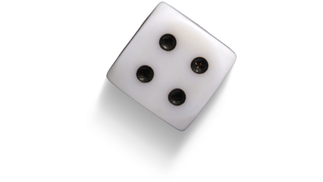 White dice showing number four isolated on white background with shadow