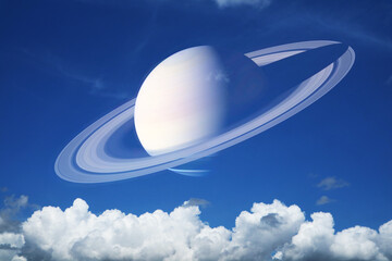 Saturn near earth and pure clear blue sky huge white gray cloud and sunlight