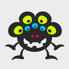 Multi-eyed Spider monster. Funny, cute monster. Flat cartoon character design.