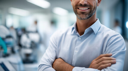 Fototapeta premium Confident male doctor standing in exam room arms relaxed crop below eyes equipment softly defocused physician portrait faceless background defocused clean clinic