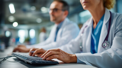 Two doctors in white coats collaborating at hospital workstation keyboard and notes crisp faces cropped ward defocused care coordination faceless background defocused