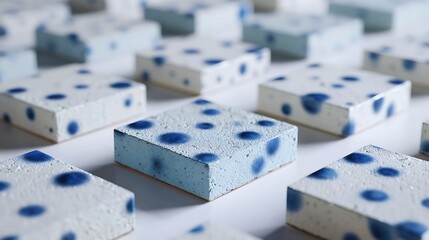 Abstract geometric pattern of light grey and blue cubes with dark circular inlays creating a futuristic design