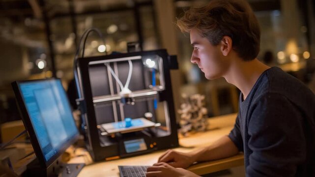 A student uses a 3D printer in a library&rsquo;s maker space, with filament spinning, a model forming, a computer showing designs, and tools scattered nearby, shown in a high-tech photo with filament