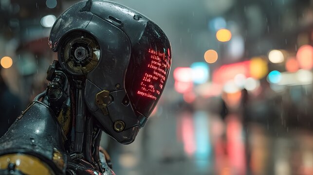 Futuristic humanoid robot stands in a rainy, neon-lit city street at night, its screen face displaying code as city lights blur in the background.
