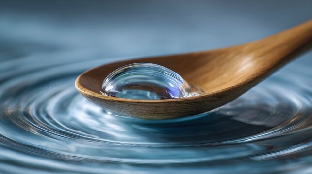 Crystal clear water droplet on wooden spoon creating ripples on blue surface macro shot - Powered by Adobe