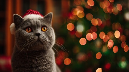 Adorable british shorthair cat wearing a santa hat sitting proudly in front of a beautifully lit christmas tree with warm bokeh lights, capturing a cozy festive holiday atmosphere and charming pet por