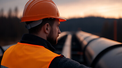 Fototapeta premium A focused worker in safety gear oversees pipeline project. Industrial safety, infrastructure, and skilled workforce at dawn.