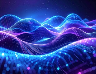 Abstract digital data wave background: An intricate network of blue and purple neon light trails forms an organic wave pattern. Shallow depth of field effect, sharp focus on the center, futuristic hi-