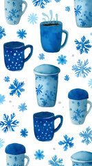 Whimsical Watercolor Mugs with Snowflakes: Cozy Blue Winter Pattern for Holiday Decor and Hot Chocolate
