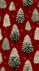 Festive Christmas Winter Wonderland: Hand-Drawn Pine Trees & Snowy Holiday Decor on Red Background