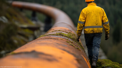 Pipeline worker inspecting infrastructure. The large orange pipe is mossy and runs along a ridge. The worker wears a hard hat and yellow jacket.