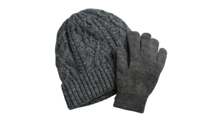dark gray knitted winter hat and glove matching accessory set